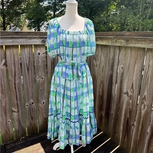 RO’S GARDEN  Green and Blue Plaid Midi Nap Dress